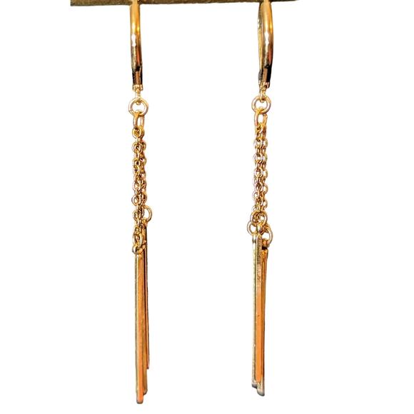 Triple Chain Bar Dangle Gold Tone Leverback Earrings - Picture 1 of 4